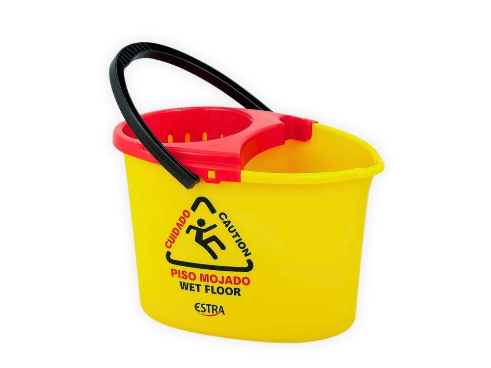 Estra Balde con Escurridor Marcado "Piso Mojado" 12 Lt Amarillo