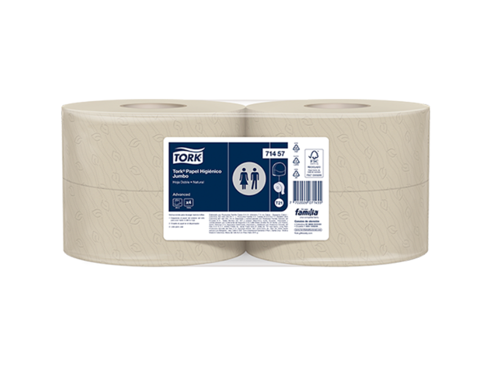 Tork Papel Higiénico Jumbo Hoja Doble Natural 250 Mt X4 Rollos 71457